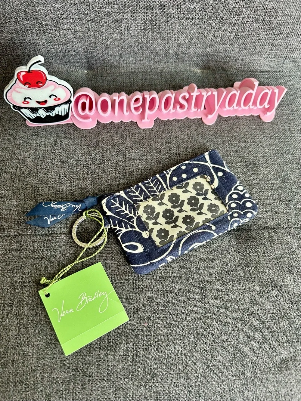 Vera Bradley Zip ID Case, Pouch, Key Ring, Twirly Birds (Retired) Navy, White